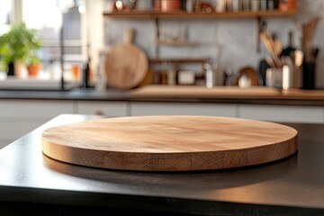 Empty beautiful round wood tabletop counter on interior in clean and bright kitchen background, Ready for display, Banner, for product montage ,  ai