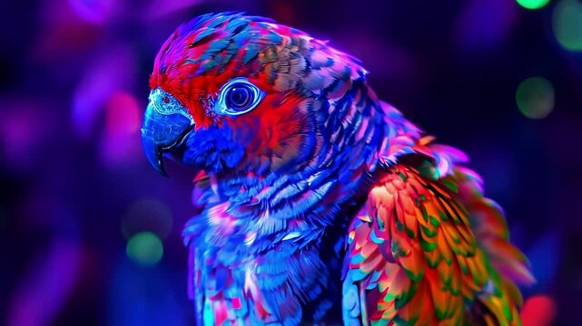Beautiful parrot with vibrant holographic colors is posing on a blurred background. Perfect for projects related to animals, nature, and technology