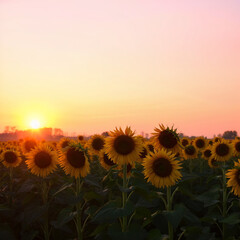Fototapeta premium Field of sunflowers glowing in the light of a beautiful sunrise
