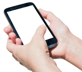 Hand holding mobile phone screen mockup, blank smartphone mockup. on transparent, png. blank screen frame template