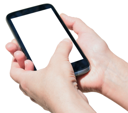 Hand holding mobile phone screen mockup, blank smartphone mockup. on transparent, png. blank screen frame template