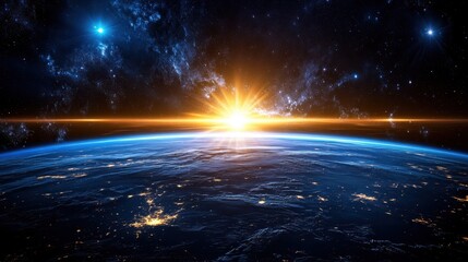 Stunning Space View of Earth's Sunrise with Stars and Galaxy