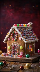 Gingerbread house decorated with colorful candies, sitting on a wooden table with a deep crimson background and soft Christmas lighting, copy space, Merry Christmas background, festive food display