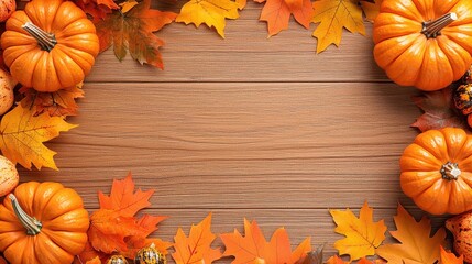 Autumn Fall Pumpkin Leaves Wood Background Thanksgiving