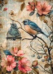 Vintage Collage Art with Birds and Flowers, Nature-Inspired Mixed Media Artwork, Retro Botanical Illustration