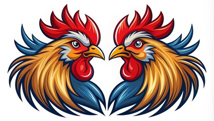 Fototapeta premium Logo with two roosters facing each other, one larger than the other, both with stylized feathers and crowing