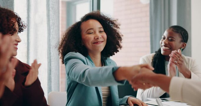 Shaking hands, meeting and business women in office with company merger, deal or partnership. Discussion, collaboration and female creative directors with applause for b2b integration handshake.