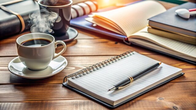 A modern notebook lies open on a cluttered desk, surrounded by pens, papers, and a steaming cup of