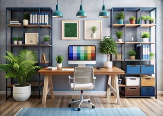 A modern, organized workspace with design software, color swatches, and sketches, highlighting the creativity and