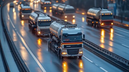 Fototapeta premium Fuel tanker fleet on the move, coordinated for large-scale fuel distribution