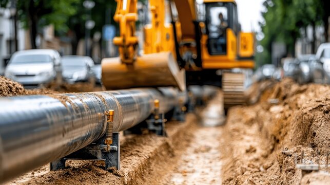 Excavator Digging Trench for Pipeline Installation