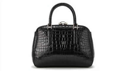 Black Crocodile Leather Handbag with Gold Hardware