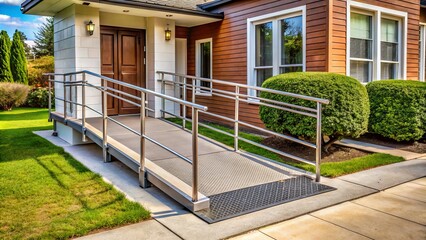 Metal wheelchair ramp enables individuals with disabilities to access a home's entrance with ease, providing a safe and