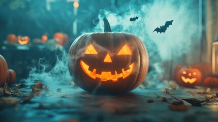 Naklejka premium Spooky Smiling Pumpkin Among Bats