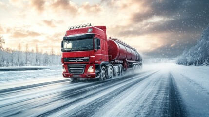 Obraz premium Fuel truck in extreme weather conditions, showcasing resilience and safety measures