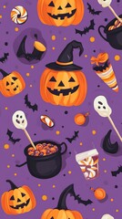 Fototapeta premium Seamless Halloween Themed Pattern with Festive Pumpkins Bats and Other Spooky Elements