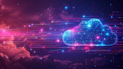 Futuristic Cloud Computing Frame Border Background with Digital Data Flow and Neon Lights