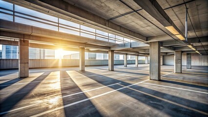 Empty concrete parking structure with sunlight shadows