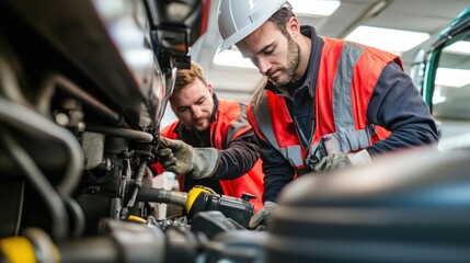 Fuel truck maintenance team working on vehicle safety and efficiency