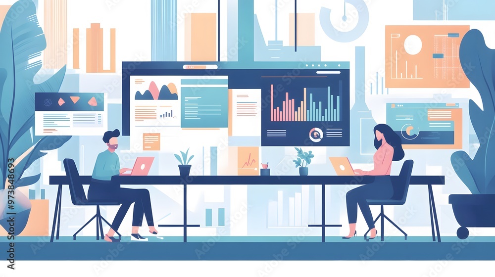 Poster two businesspeople working at a desk with charts and data on screen
