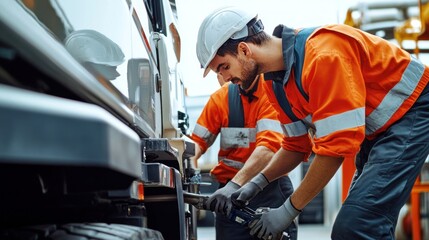 Fototapeta premium Fuel truck maintenance team working on vehicle safety and efficiency