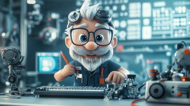 A cheerful cartoon scientist working at a lab desk with gadgets and tools.