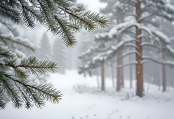 A snowy winter landscape with blurred pine tree branches in the foreground and a soft, hazy background with falling snowflakes.