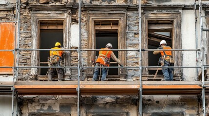 Historical building restoration workers carefully preserving architectural heritage
