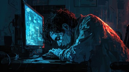 Exhausted employee slumped over a keyboard in a low-lit room.