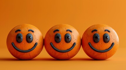 Three Smiling Emoji Faces on Orange Background Representing Friendship and Happiness for Friendship Day Concept