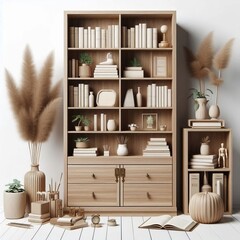 3D rendered bookshelf with shelves filled with books and ceramic