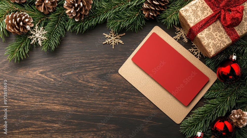 Wall mural Christmas Mockup with Red Card on Wooden Background