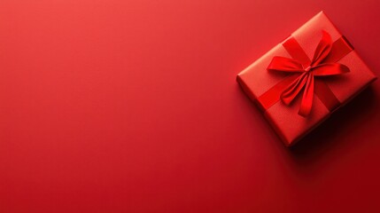 Red Gift Box with Ribbon on Red Background