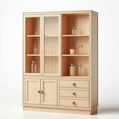 Wooden shelf with accessories in a kitchen setting featuring jars and boxes for storage and decoration