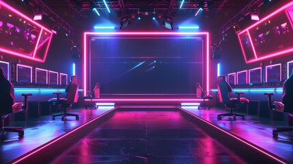 Futuristic E-Sports Event Background with Neon Lights and Gaming Stations in Modern Arena