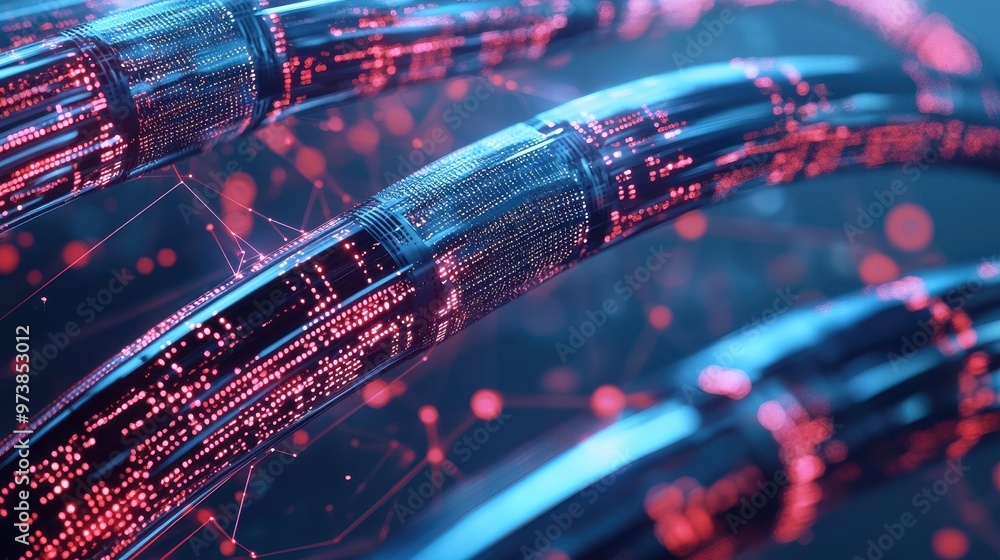 Poster abstract futuristic digital data flow with glowing lights and network connections