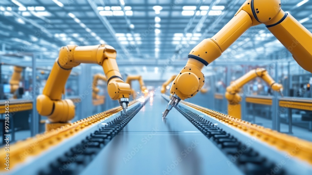 Poster modern factory with advanced robotics, industry 4.0 in action