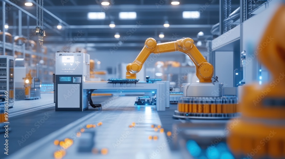 Poster modern factory with advanced robotics, industry 4.0 in action