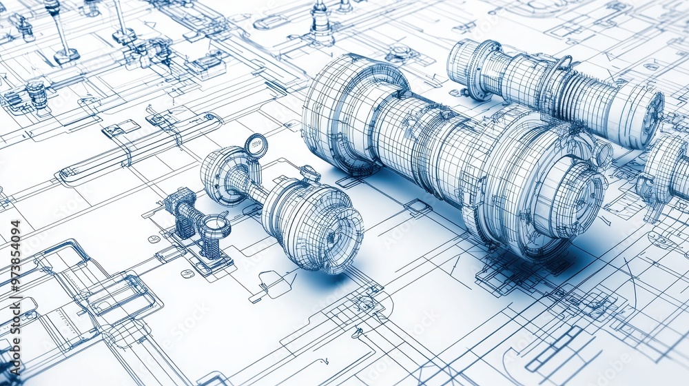 Poster d wireframe model on blueprint background engineering design concept