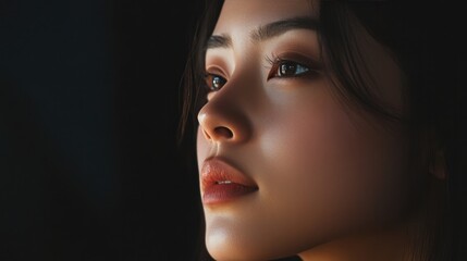 Fototapeta premium Profile of an Asian woman, capturing her unique facial features and minimalist beauty