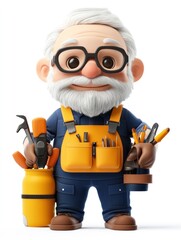 Naklejka premium A cheerful elderly craftsman holding tools, symbolizing creativity and craftsmanship.