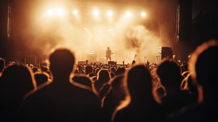 Crowded outdoor music concert with silhouettes of fans and bright stage lights