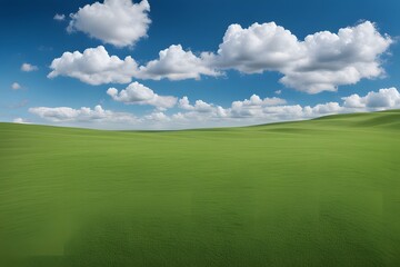 A vast green meadow under a clear blue sky with scattered fluffy clouds, Ai Generated