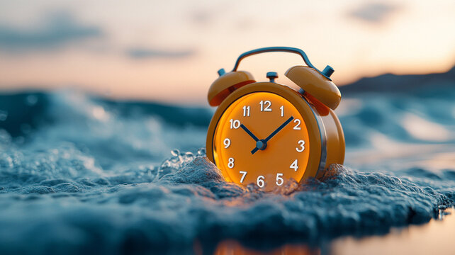 A vibrant orange clock stands out against serene ocean waves, capturing essence of time amidst natures beauty. glowing seconds highlight fleeting moments