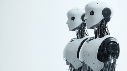 Two humanoid robots with sleek white exteriors stand side by against light background