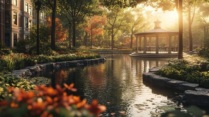 Tranquil Urban Park with Gazebo and Pond Surrounded by Lush Greenery and Autumn Foliage at Sunset