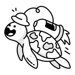 A hand drawn icon of fast turtle flying with rocket 