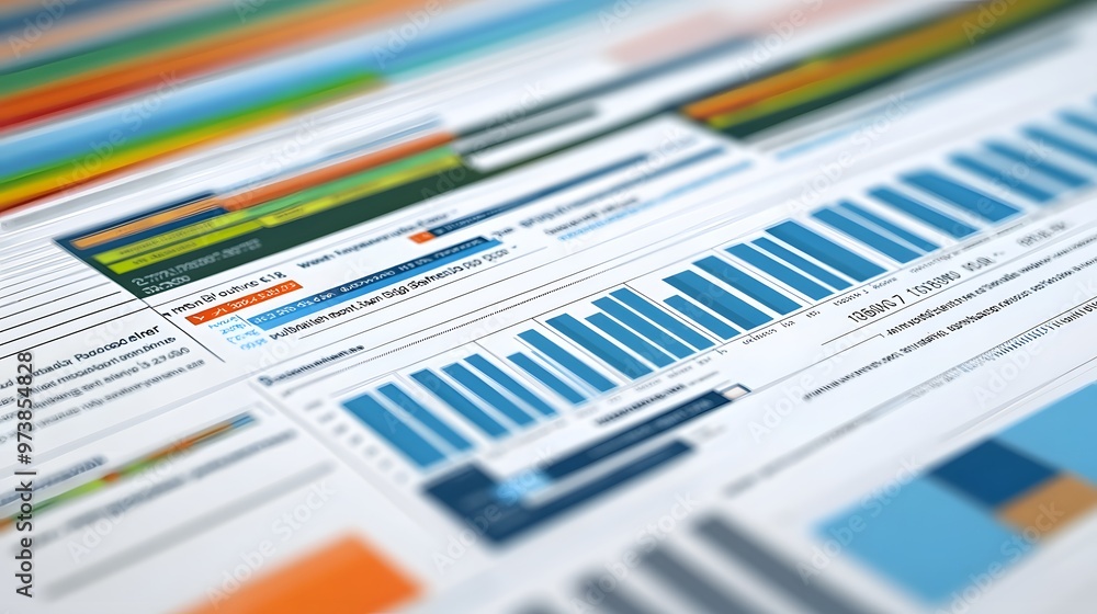 Poster a close-up of a financial report with graphs and charts