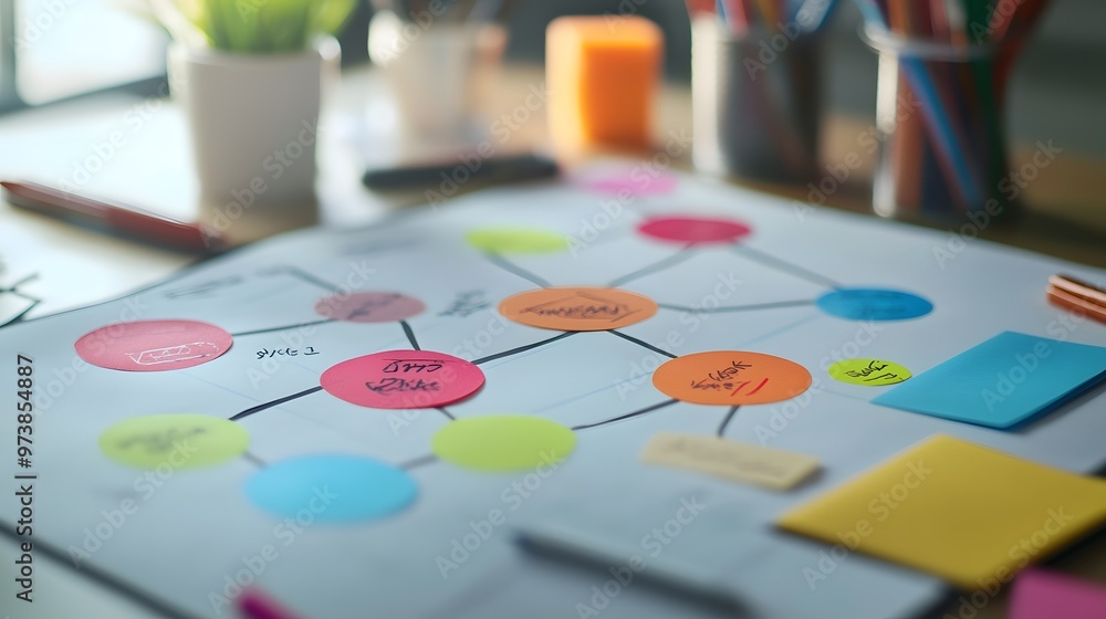 Poster colorful sticky notes on a whiteboard with handwritten notes and lines connecting them