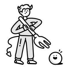 Evil character killing with trident, doodle icon 

